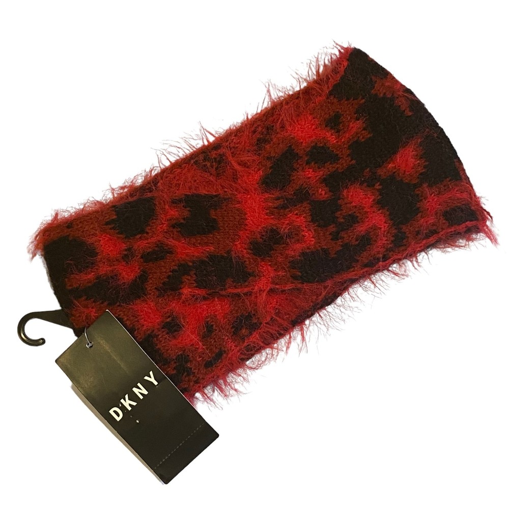 DKNY Red Black Animal Print Winter Headwrap NWT